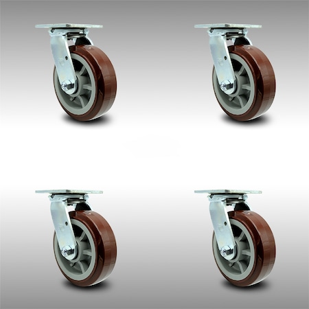 Service Caster 6 Inch Stainless Steel Polyurethane Wheel Swivel Caster Set with Ball Bearings SCC-SS30S620-PPUB-4